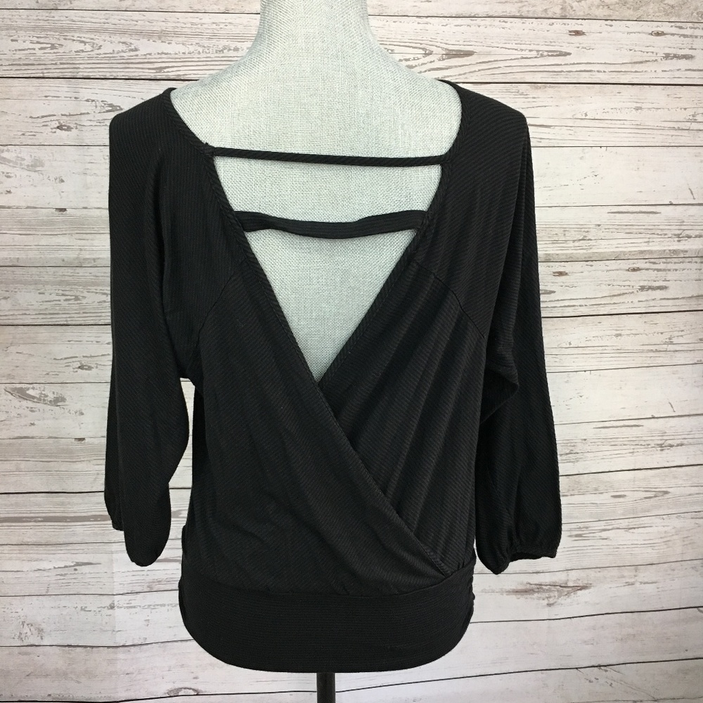 Ella Moss Black Plunging Back 3/4 Sleeve Top Small